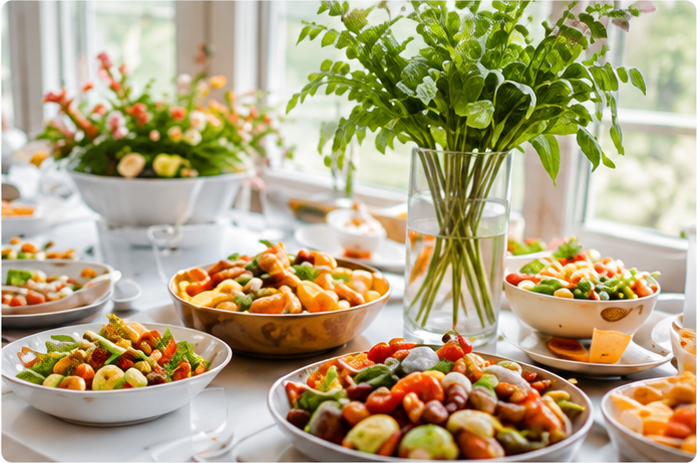 Colorful salad bowls and fresh produce