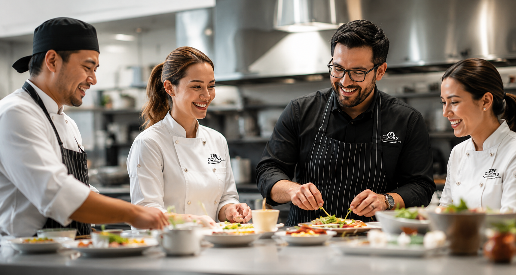 The Zee Cooks team preparing food together in the kitchen