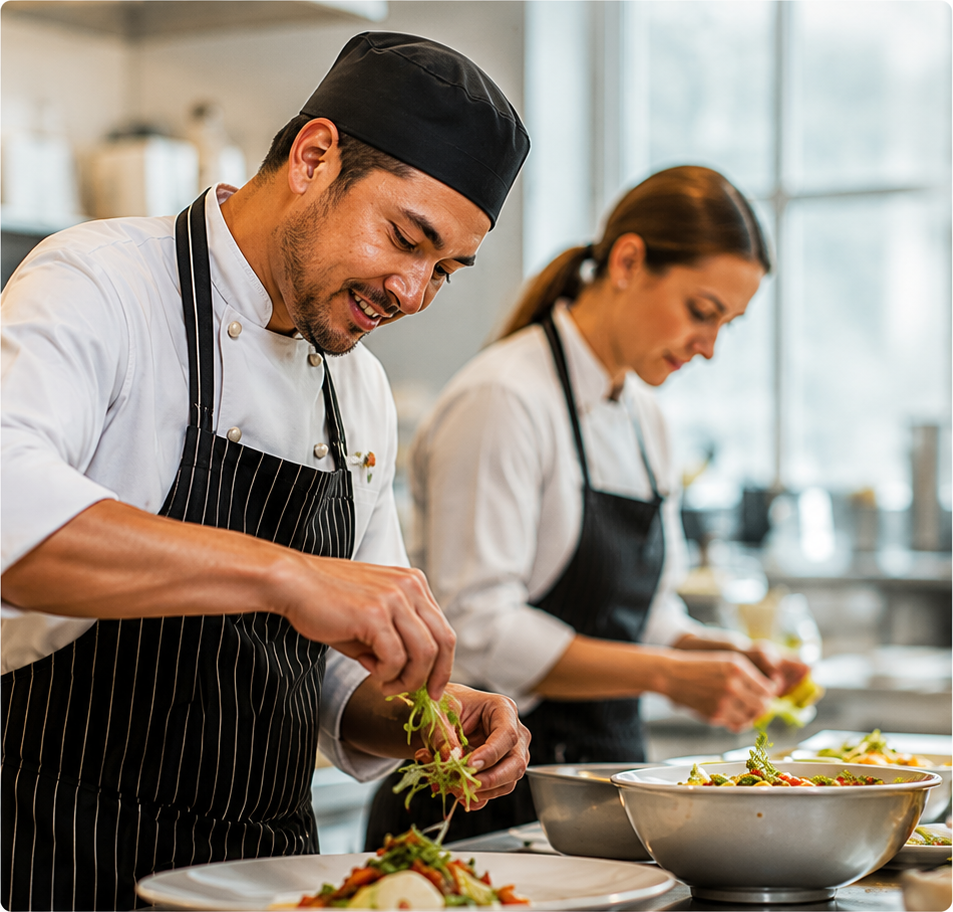 Two Zee Cooks chefs plating dishes together